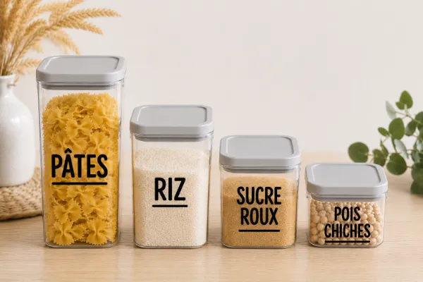 Boîtes hermétiques carrées personnalisées en vinyle adhésif avec couvercles gris clair, étiquetées Pâtes, Riz, Sucre roux et Pois chiches pour organiser une cuisine.