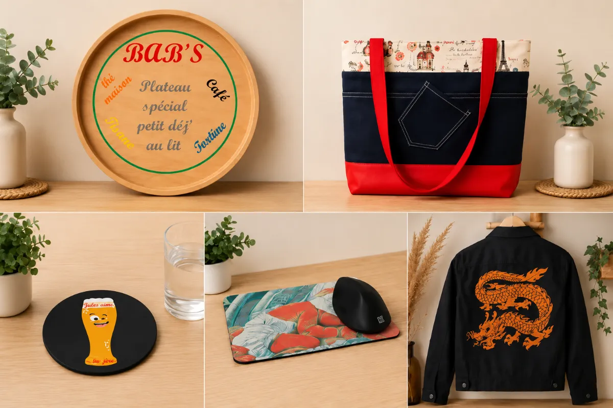 Créations personnalisées artisanales réalisées par Les Créations de Maïwen : plateau en bois personnalisé, sac cousu main, sous-verre, tapis de souris sublimé et veste personnalisée.