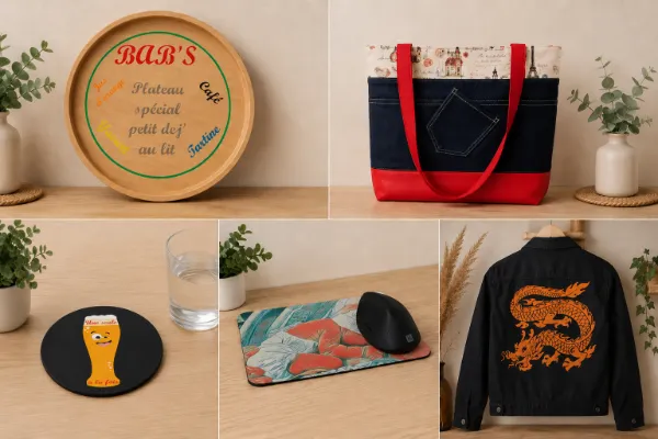 Créations personnalisées réalisées par Les Créations de Maïwen : plateau en bois personnalisé, sac cabas fait main, sous-verre personnalisé, tapis de souris en sublimation et veste personnalisée en flocage textile.