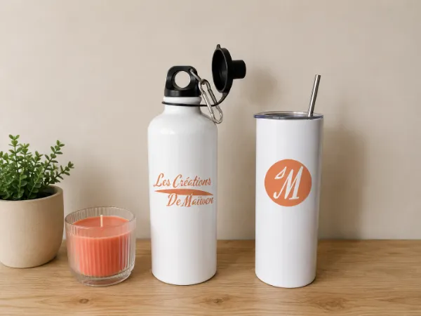 Gourde et mug personnalisés avec le logo Les Créations de Maïwen présentés dans un décor minimaliste avec une bougie et une plante.