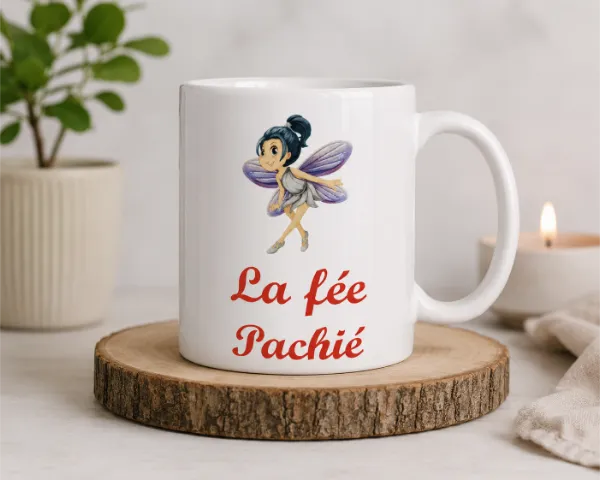 Mug personnalisé blanc avec illustration de la Fée Pachié réalisé en sublimation par Les Créations de Maïwen.