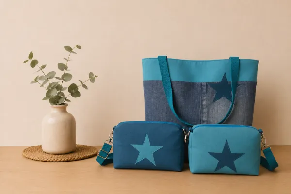 Sac cabas personnalisé bleu avec deux pochettes assorties décorées d'étoiles, création artisanale réalisée sur mesure par Les Créations de Maïwen.