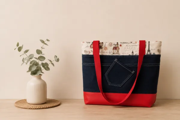 Sac personnalisé rouge et noir fait main avec poche en jean, création artisanale Les Créations de Maïwen.