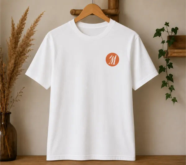 T-shirt blanc personnalisé avec logo Les Créations de Maïwen imprimé sur la poitrine par flocage textile.