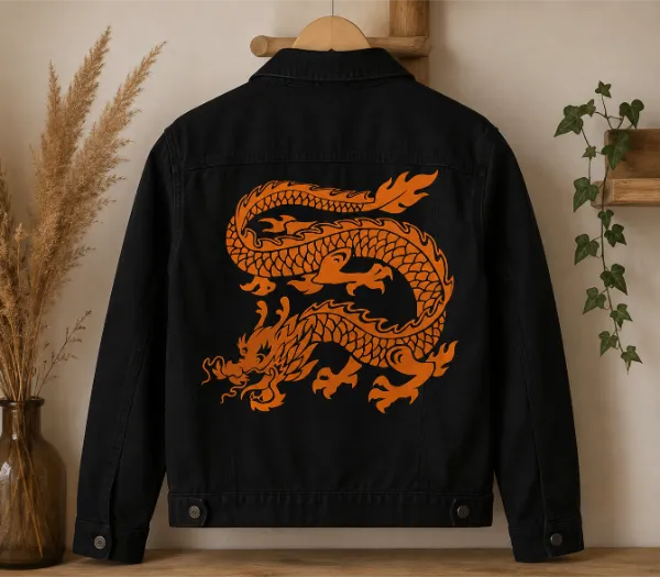 Veste noire personnalisée avec motif dragon orange en flocage thermocollant réalisé par Les Créations de Maïwen