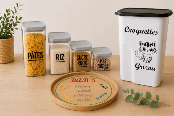 Boîtes de conservation personnalisées en vinyle adhésif, plateau en bois gravé et boîte à croquettes pour chat personnalisée réalisés par Les Créations de Maïwen.