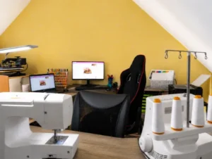 Atelier de couture des Créations de Maïwen avec machines à coudre, surjeteuse, presse à chaud et espace de création dédié à la personnalisation textile et à la sublimation.