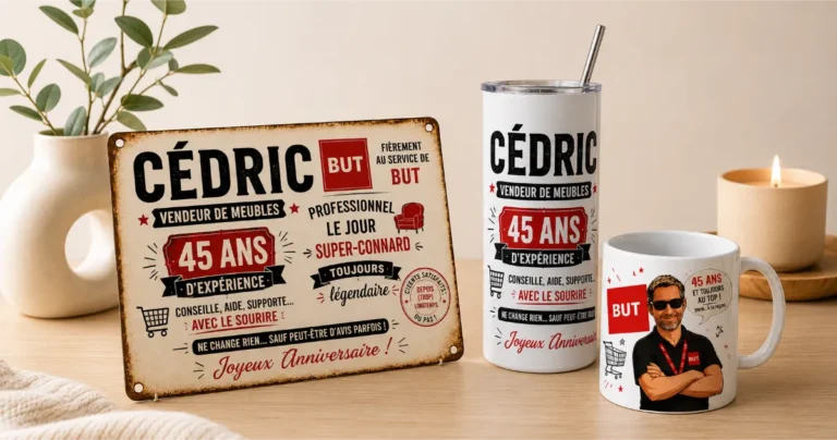 Plaque aluminium personnalisée, mug illustré et gourde thermos personnalisée réalisés pour les 45 ans de Cédric, vendeur de meubles, présentés dans un décor minimaliste.