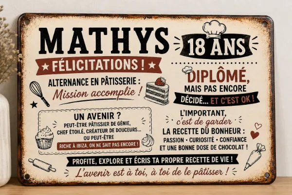 Plaque en aluminium personnalisée pour les 18 ans de Mathys sur le thème de la pâtisserie, photographiée dans un décor chaleureux et minimaliste.