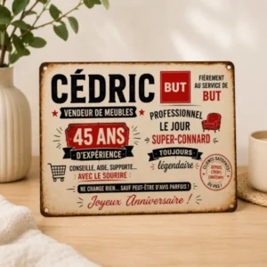 Plaque aluminium personnalisée anniversaire 45 ans pour vendeur de meubles BUT avec design humoristique réalisée par Les Créations de Maïwen.