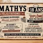 Plaque en aluminium personnalisée pour les 18 ans de Mathys sur le thème de la pâtisserie, présentée dans un décor chaleureux d'atelier avec accessoires de pâtisserie.