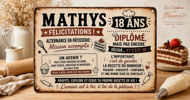 Plaque en aluminium personnalisée pour les 18 ans de Mathys sur le thème de la pâtisserie, présentée dans un décor chaleureux d'atelier avec accessoires de pâtisserie.