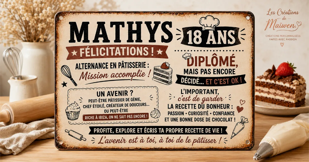 Plaque en aluminium personnalisée pour les 18 ans de Mathys sur le thème de la pâtisserie, présentée dans un décor chaleureux d'atelier avec accessoires de pâtisserie.